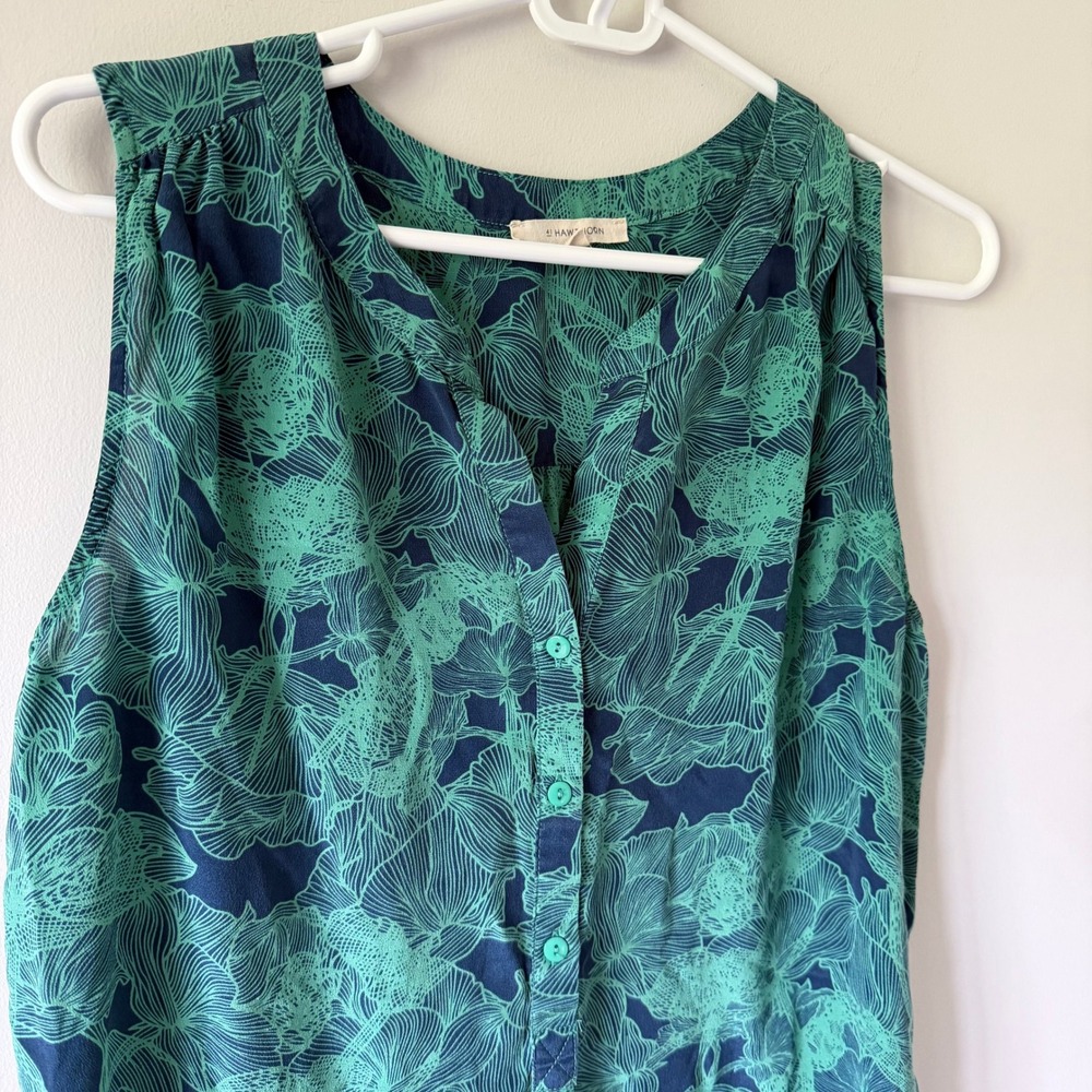 41 Hawthorn 100% Silk Sleeveless Floral Blouse Green Blue Med Office Summer Top